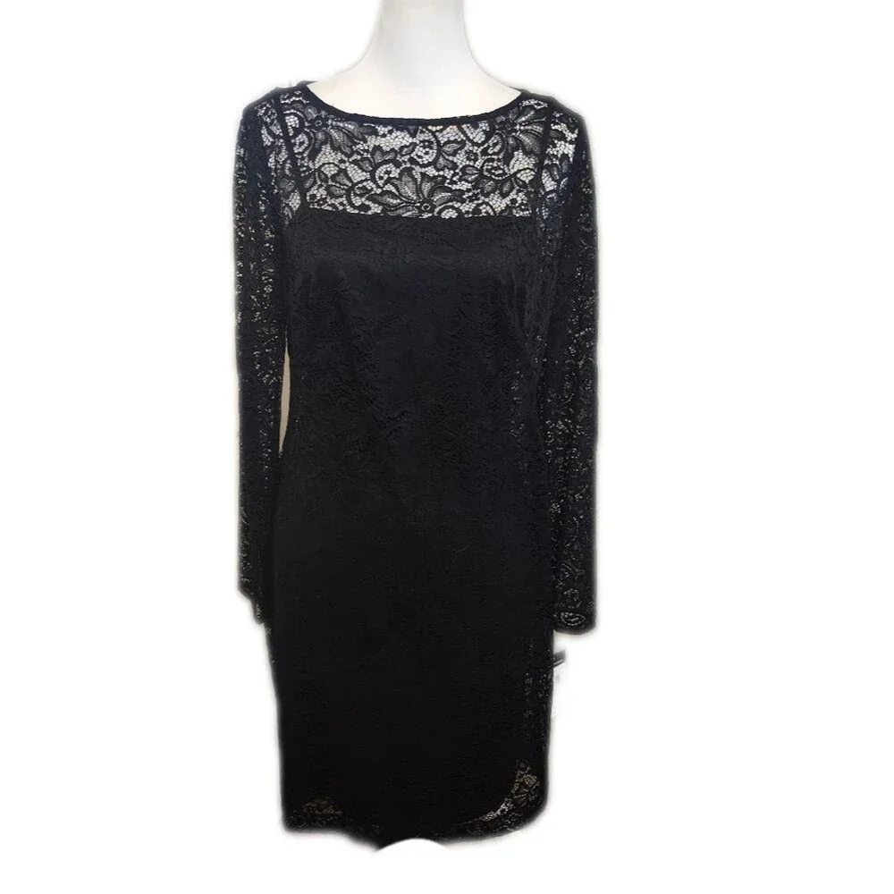 Chaps NWT Black Lace Overlay Long Sleeved Mini Dress, Holiday Party! 8